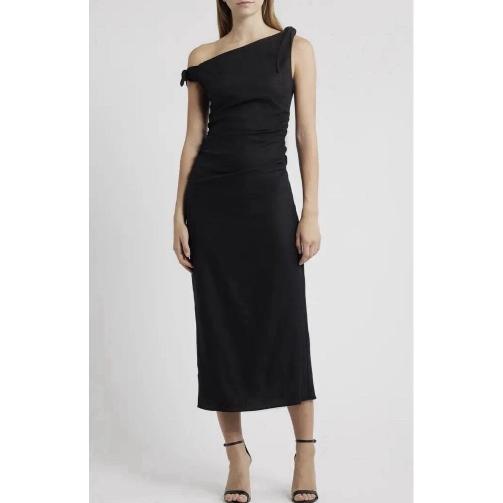 WAYF Clio Tie Shoulder Linen Blend Black Midi Dress Women’s Size Small NWT $99